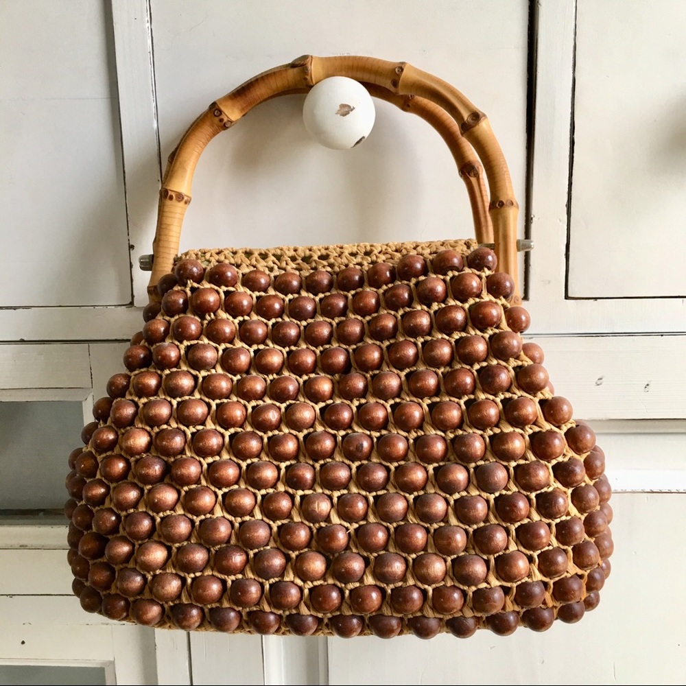 Vintage Bamboo and Wood Bead Summer Purse